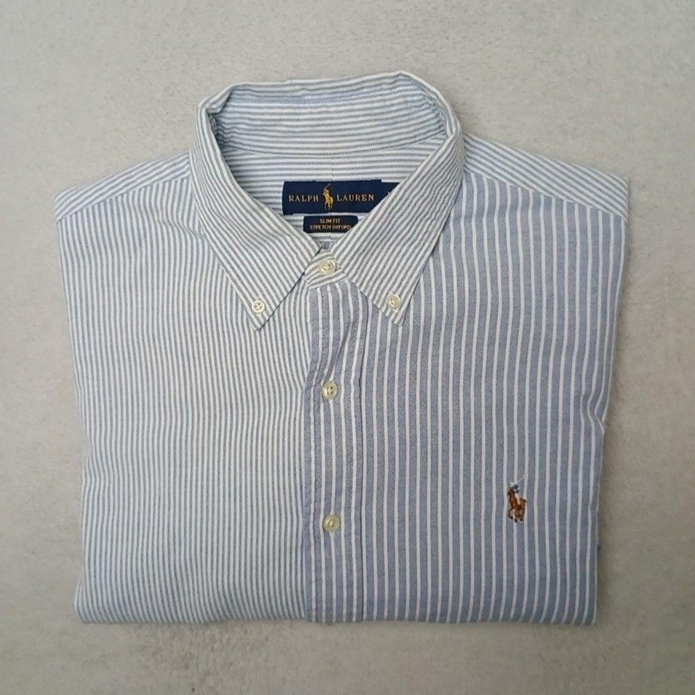 Ralph Lauren Shirt Mens XL Blue Striped Slim Stretch Oxford Button Down OCBD